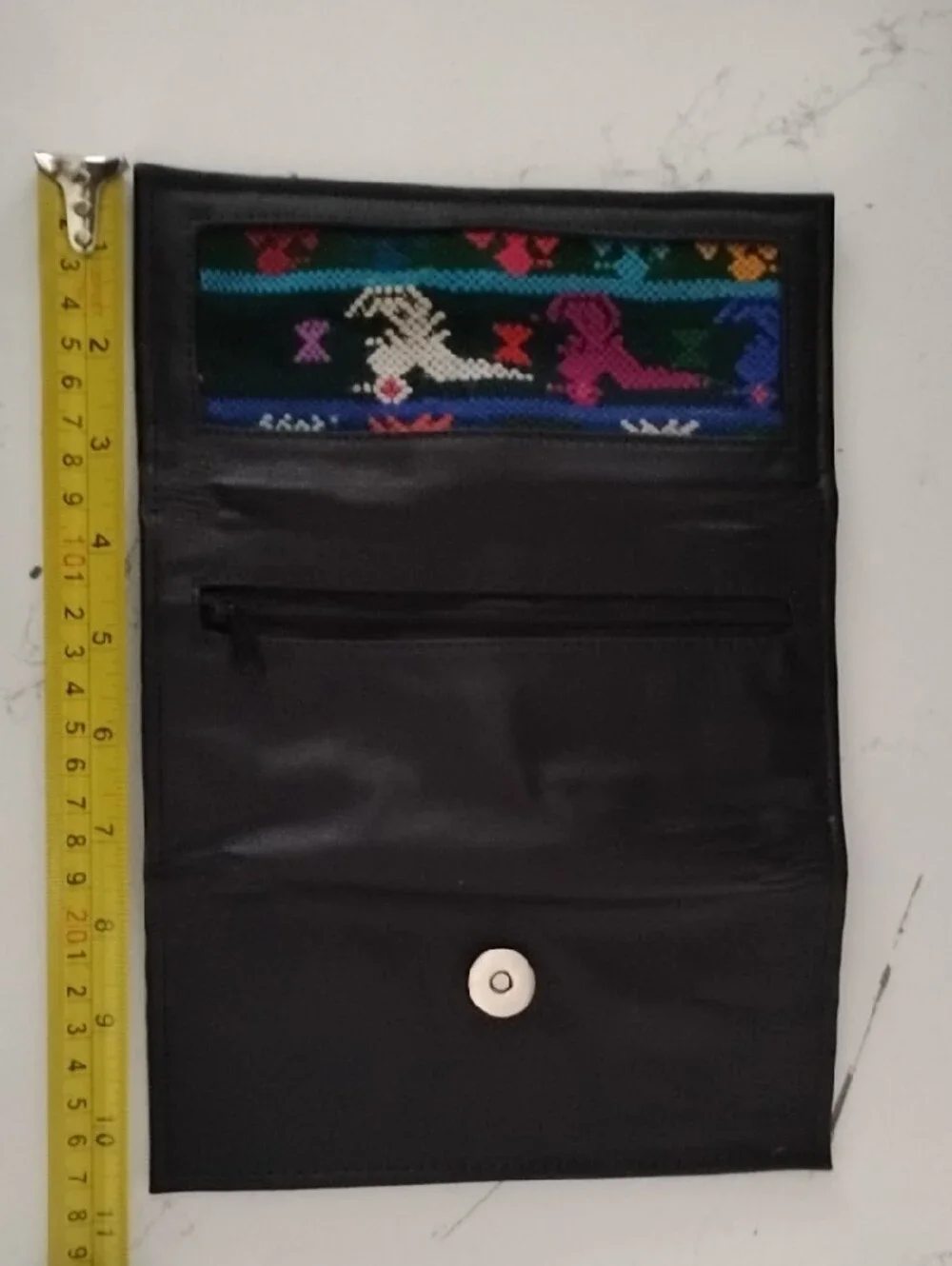 Black Leather Wallet with Colorful Cross-Stitch Panel